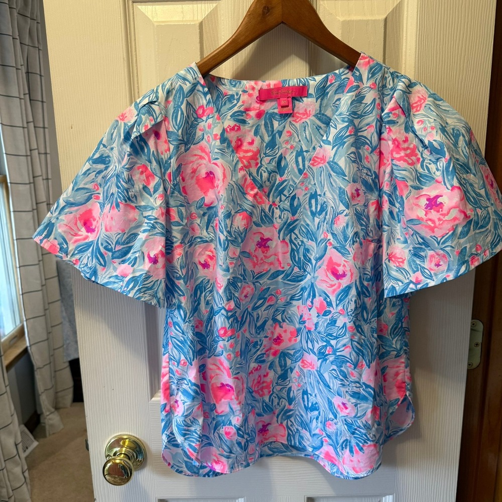 Lilly Pulitzer Ivee Top XS Bondi Blue My Little Peony Cotton Puff Sleeve V-Neck